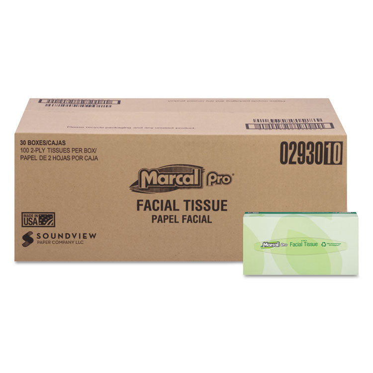 Marcal PRO™ 100% Recycled Convenience Pack Facial Tissue, Septic Safe, 2-Ply, White, 100 Sheets/Box, 30 Boxes/Carton (MRC2930) Case of 30