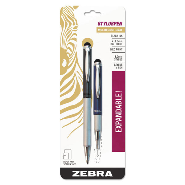 Zebra® StylusPen Telescopic Ballpoint Pen/Stylus, Retractable, Medium 1 mm, Black Ink, Blue/Gray Barrel, 2/Pack (ZEB33602)