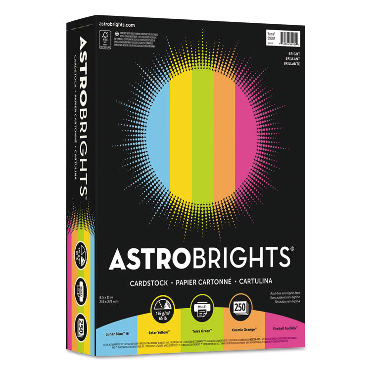 Astrobrights® Color Cardstock -"Bright" Assortment, 65 lb Cover Weight, 8.5 x 11, Assorted, 250/Pack (WAU99904) Pack of 250