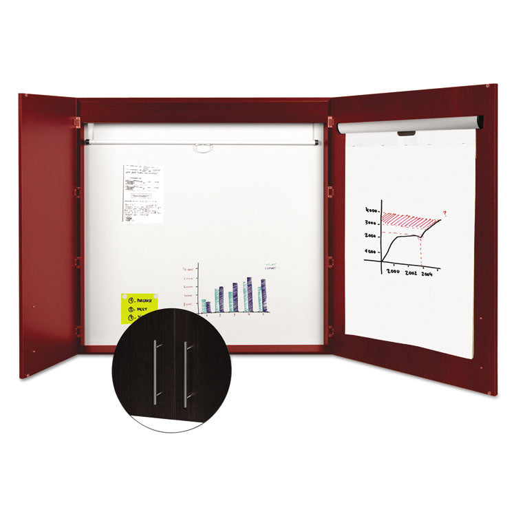 MasterVision® Conference Cabinet, Porcelain Magnetic Dry Erase Board, 48 x 48, White Surface, Cherry Wood Frame (BVCCAB01010130) Each