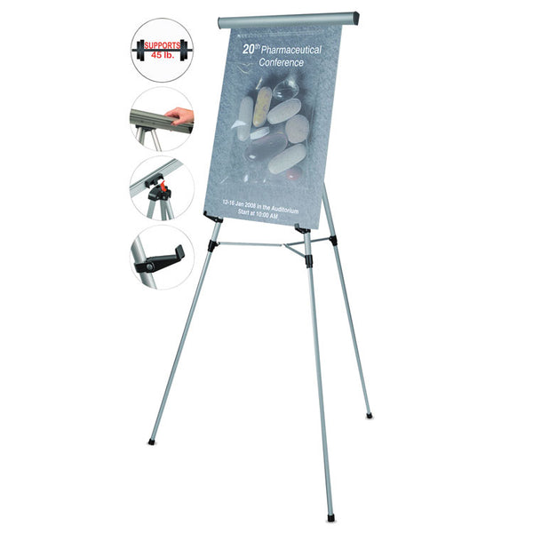 MasterVision® Telescoping Tripod Display Easel, Adjusts 35" to 64" High, Metal, Silver (BVCFLX09102MV) Each