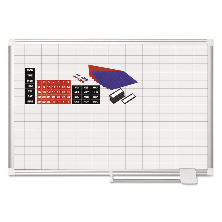 MasterVision® Gridded Magnetic Steel Dry Erase Planning Board with Accessories, 1 x 2 Grid, 36 x 24, White Surface, Silver Aluminum Frame (BVCMA0392830A) Each