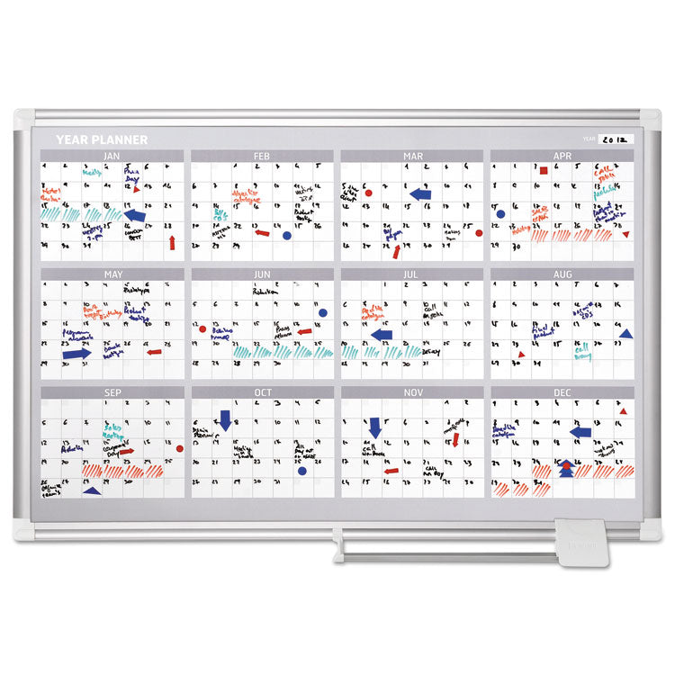 MasterVision® Magnetic Dry Erase Calendar Board, Four Month, 36 x 24, White Surface, Silver Aluminum Frame (BVCGA03105830) Each