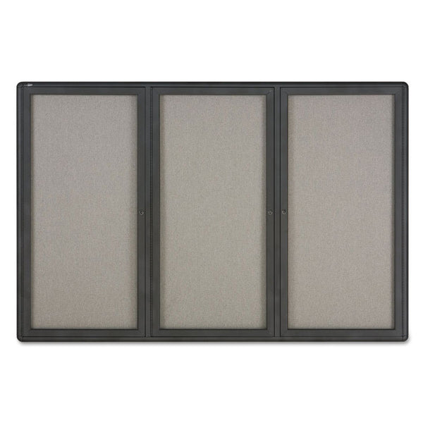 Quartet® Enclosed Indoor Fabric Bulletin Board with Three Hinged Doors, 72 x 48, Gray Surface, Graphite Aluminum Frame (QRT2367L)