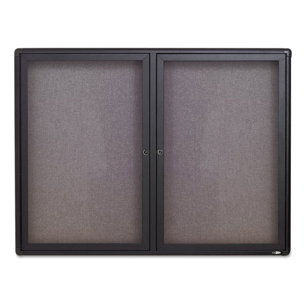 Quartet® Enclosed Indoor Fabric Bulletin Board with Two Hinged Doors, 48 x 36, Gray Surface, Graphite Aluminum Frame (QRT2364L)
