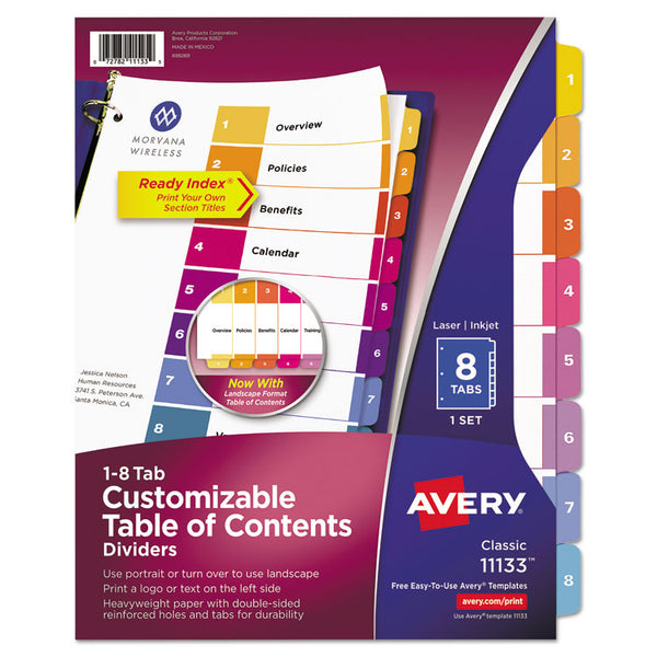 Avery® Customizable TOC Ready Index Multicolor Tab Dividers, 8-Tab, 1 to 8, 11 x 8.5, White, Traditional Color Tabs, 1 Set (AVE11133)