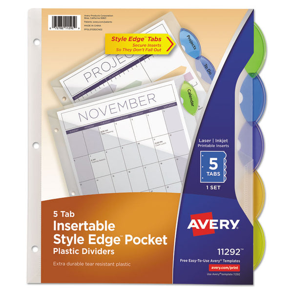 Avery® Insertable Style Edge Tab Plastic 1-Pocket Dividers, 5-Tab, 11.25 x 9.25, Translucent, 1 Set (AVE11292)