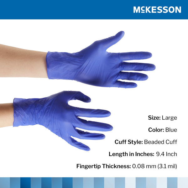 McKesson Confiderm® 3.0 Exam Glove Large NonSterile Nitrile Standard Cuff Length Textured Fingertips Blue Not Rated (957803_CS) 10/CS
