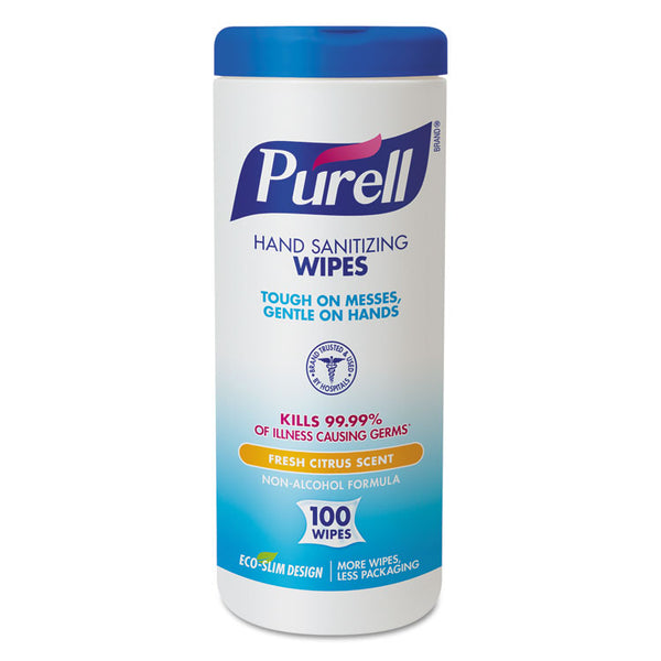 PURELL® Premoistened Hand Sanitizing Wipes, Cloth, 5.75 x 7, Fresh Citrus, White, 100/Canister (GOJ911112EA)
