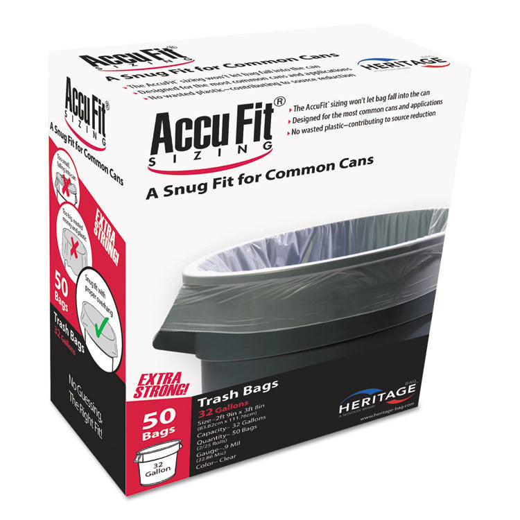 AccuFit® Linear Low Density Can Liners with AccuFit Sizing, 55 gal, 0.9 mil, 40" x 53", Clear, 50/Box (HERH8053TCRC1) Box of 50