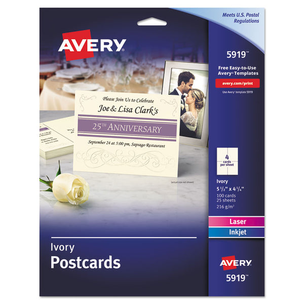 Avery® Printable Postcards, Inkjet/Laser, 74 lb, 4.25 x 5.5, Ivory, 100 Cards, 4 Cards/Sheet, 25 Sheets/Box (AVE5919)