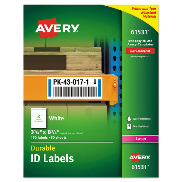 Avery® Durable Permanent ID Labels with TrueBlock Technology, Laser Printers, 3.25 x 8.38, White, 3/Sheet, 50 Sheets/Pack (AVE61531)