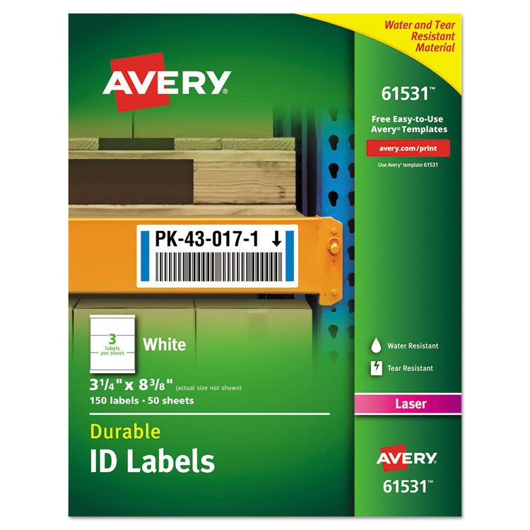 Avery® Durable Permanent ID Labels with TrueBlock Technology, Laser Printers, 3.25 x 8.38, White, 3/Sheet, 50 Sheets/Pack (AVE61531) Box of 150