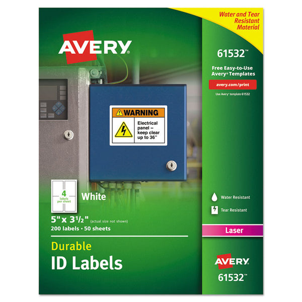 Avery® Durable Permanent ID Labels with TrueBlock Technology, Laser Printers, 3.5 x 5, White, 4/Sheet, 50 Sheets/Pack (AVE61532)