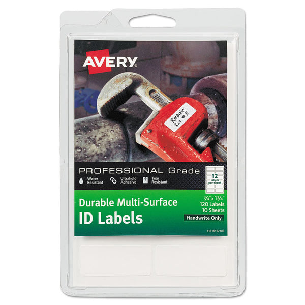 Avery&reg; Durable Permanent Multi-Surface ID Labels, Inkjet/Laser Printers, 0.75 x 1.75, White, 12/Sheet, 10 Sheets/Pack (AVE61521)