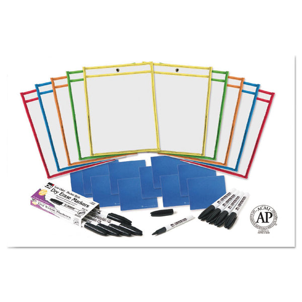 Charles Leonard® Dry Erase Pocket Class Pack, 10.5  x 1.5, Assorted Primary Colors, 10/Pack (LEO29130) Pack of 10