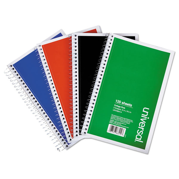 Universal® Wirebound Notebook, 3-Subject, Medium/College Rule, Assorted Cover Colors, (120) 9.5 x 6 Sheets, 4/Pack (UNV66414)