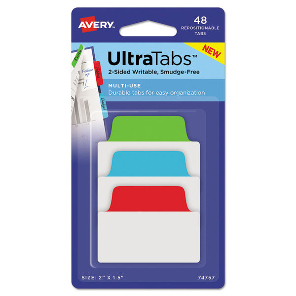 Avery® Ultra Tabs Repositionable Tabs, Standard: 2" x 1.5", 1/5-Cut, Assorted Colors (Blue, Green and Red), 48/Pack (AVE74757)