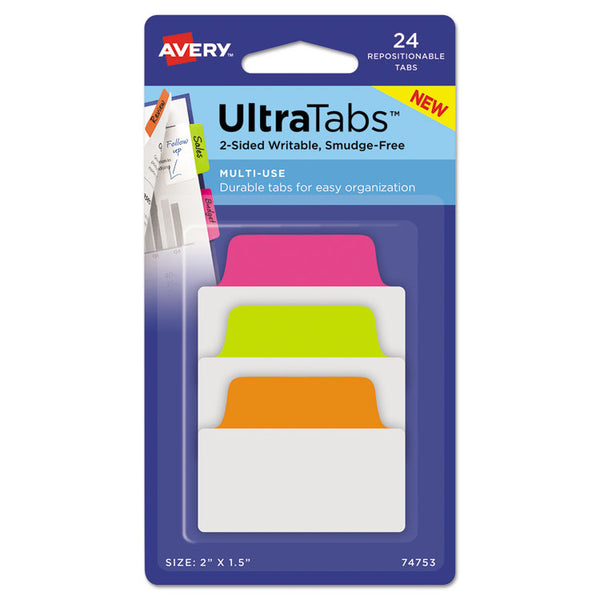 Avery® Ultra Tabs Repositionable Tabs, Standard: 2" x 1.5", 1/5-Cut, Assorted Neon Colors, 24/Pack (AVE74753)