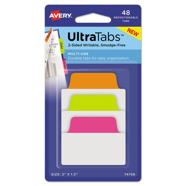 Avery® Ultra Tabs Repositionable Tabs, Standard: 2" x 1.5", 1/5-Cut, Assorted Neon Colors, 48/Pack (AVE74756)