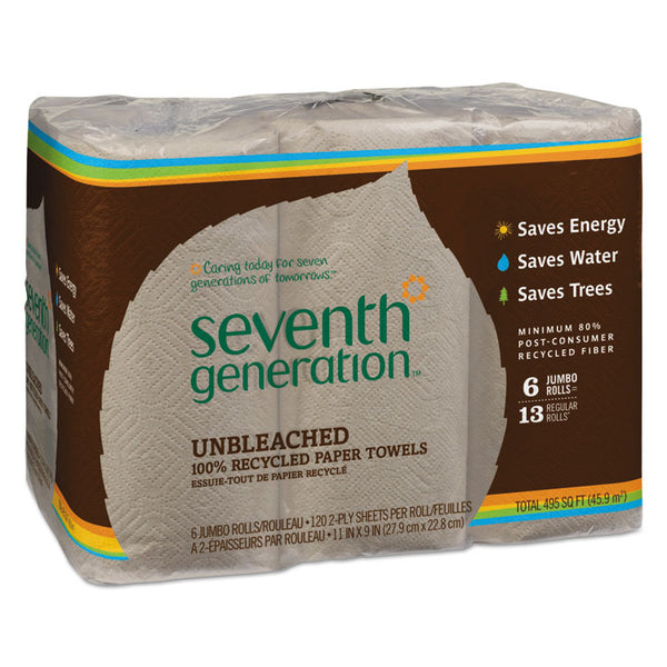 Seventh Generation® Natural Unbleached 100% Recycled Paper Kitchen Towel Rolls, 2-Ply, 11 x 9, 120/Roll, 6 Rolls/Pack (SEV13737PK)