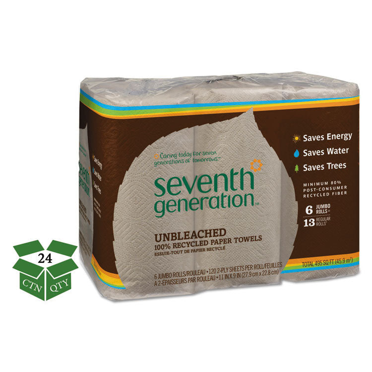 Seventh Generation® Natural Unbleached 100% Recycled Paper Kitchen Towel Rolls, 2-Ply, 11 x 9, 120/Roll, 24 Rolls/Carton (SEV13737) Case of 24