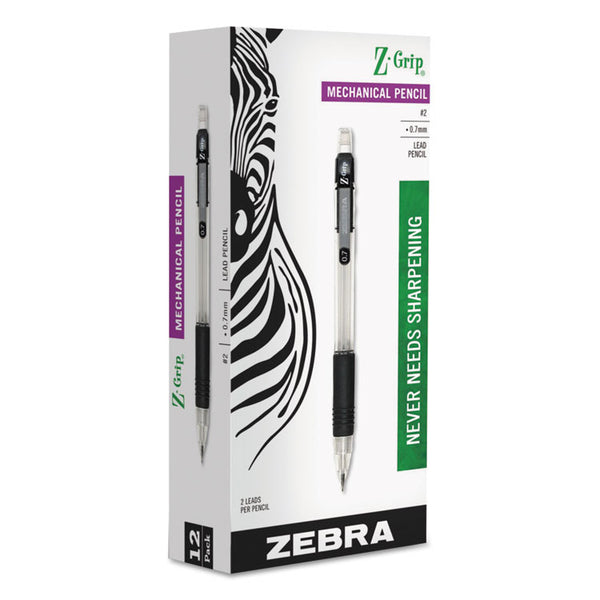 Zebra® Z-Grip Mechanical Pencil, 0.7 mm, HB (#2), Black Lead, Clear/Black Barrel, Dozen (ZEB52410) Case of 12