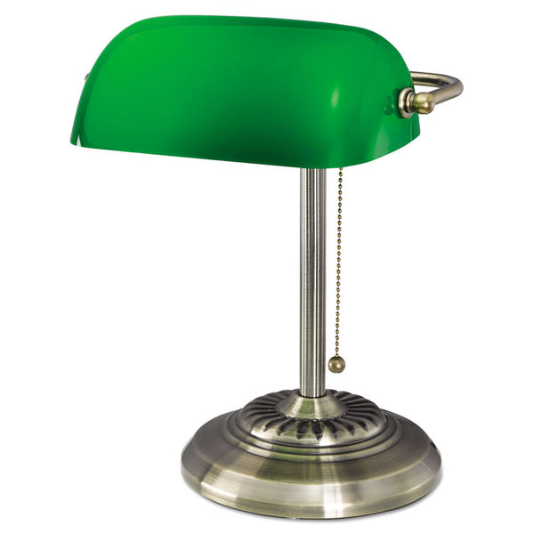 Alera® Traditional Banker's Lamp, Green Glass Shade, 10.5w x 11d x 13h, Antique Brass (ALELMP557AB)