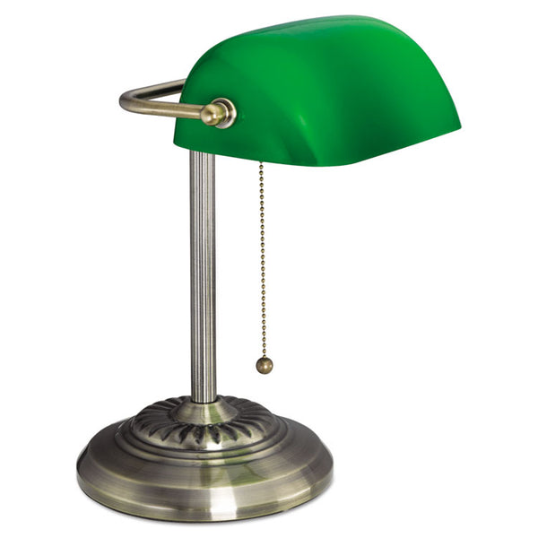 Alera® Traditional Banker's Lamp, Green Glass Shade, 10.5w x 11d x 13h, Antique Brass (ALELMP557AB)