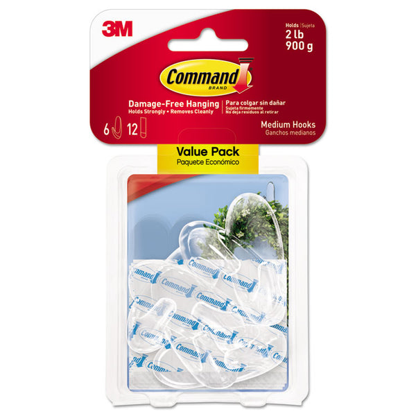 Command™ Clear Hooks and Strips, Medium, Plastic, 2 lb Capacity, 6 Hooks and 12 Strips/Pack (MMM17091CLR6ES)
