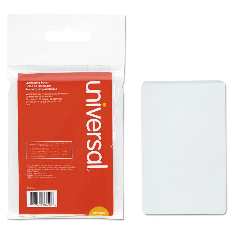 Universal® Laminating Pouches, 5 mil, 2.13" x 3.38", Gloss Clear, 25/Pack (UNV84650)