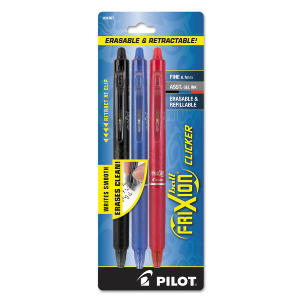 Pilot® FriXion Clicker Erasable Gel Pen, Retractable, Fine 0.7 mm, Three Assorted Business Ink and Barrel Colors, 3/Pack (PIL31467)