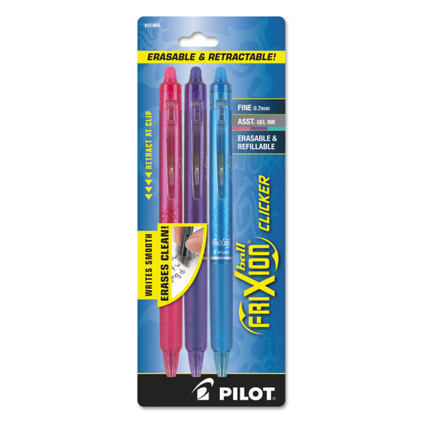 Pilot FriXion Clicker Erasable Retractable Gel Pen, 0.7 mm, Assorted Ink/Barrel, 3/Pack (PIL31469) Pack of 3