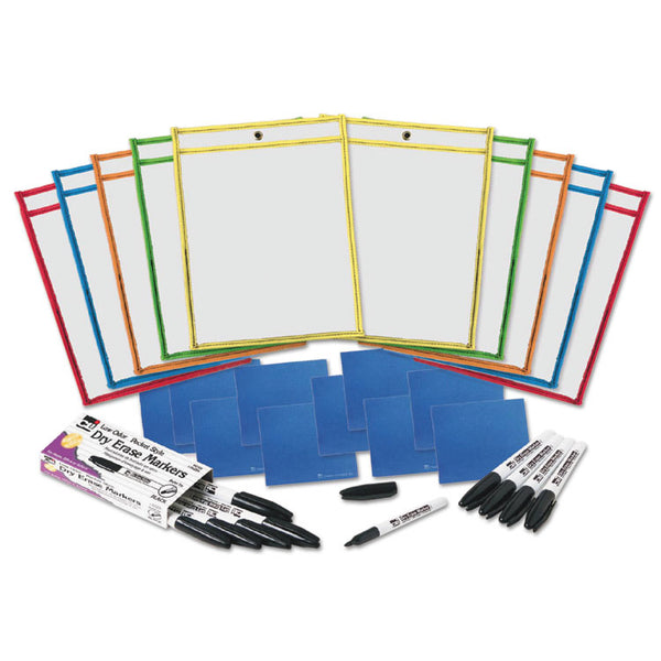 Charles Leonard® Dry Erase Pocket Class Pack, 10.5  x 1.5, Assorted Primary Colors, 10/Pack (LEO29130) Pack of 10