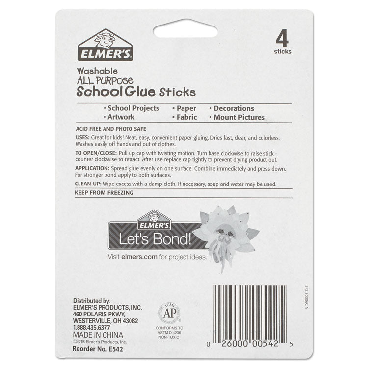 Elmer's® Washable School Glue Sticks, 0.24 oz, Applies and Dries Clear, 4/Pack (EPIE542) Pack of 4