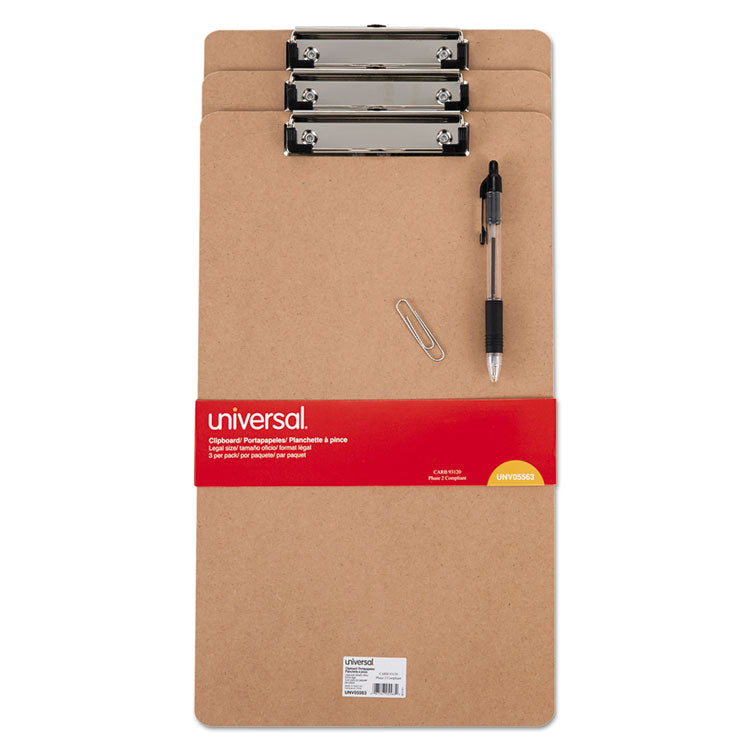 Universal® Hardboard Clipboard with Low-Profile Clip, 0.5" Clip Capacity, Holds 8.5 x 14 Sheets, Brown, 3/Pack (UNV05563)