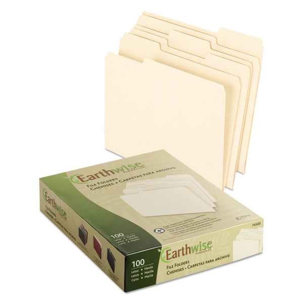 Pendaflex® Earthwise by Pendaflex 100% Recycled Manila File Folder, 1/3-Cut Tabs: Assorted, Letter, 0.75" Expansion, Manila, 100/Box (PFX74520)