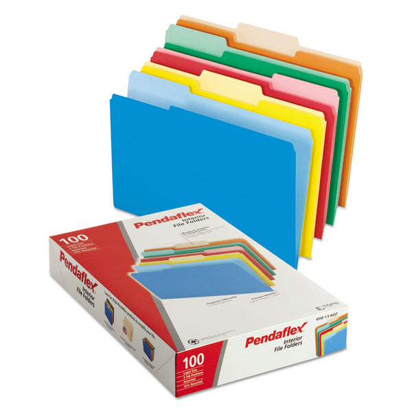 Pendaflex® Interior File Folders, 1/3-Cut Tabs: Assorted, Legal Size, Assorted Colors, 100/Box (PFX435013ASST) Box of 100