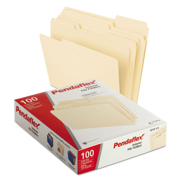 Pendaflex® Interior File Folders, 1/3-Cut Tabs: Assorted, Letter Size, Manila, 100/Box (PFX421013) Box of 100