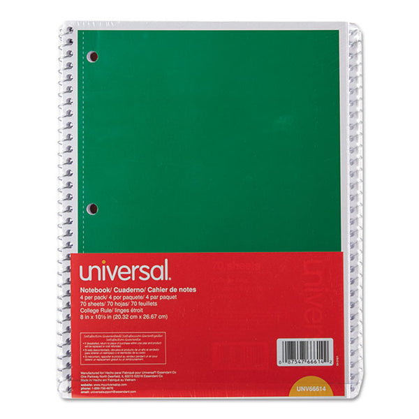 Universal® Wirebound Notebook, 1-Subject, Medium/College Rule, Assorted Cover Colors, (70) 10.5 x 8 Sheets, 4/Pack (UNV66614)