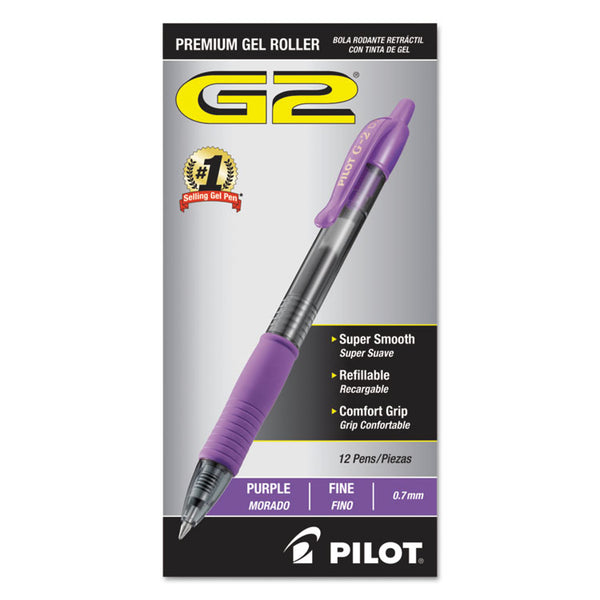 Pilot® G2 Premium Gel Pen, Retractable, Fine 0.7 mm, Purple Ink, Smoke/Purple Barrel, Dozen (PIL31029)