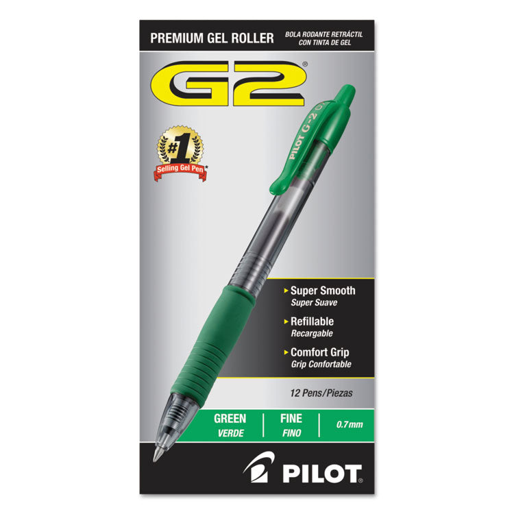 Pilot® G2 Premium Gel Pen, Retractable, Fine 0.7 mm, Green Ink, Smoke/Green Barrel, Dozen (PIL31025)