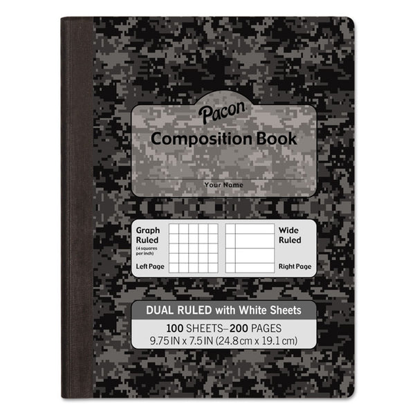 Pacon® Composition Book, 20 lb Bond Weight Sheets, Wide/Legal Rule, Black Cover, (100) 9.75 x 7.5 Sheets (PACMMK37164)