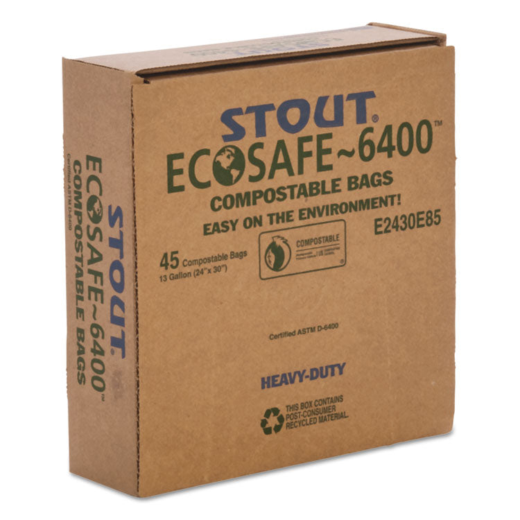 Stout® by Envision™ EcoSafe-6400 Bags, 13 gal, 0.85 mil, 24" x 30", Green, 45/Box (STOE2430E85) Case of 45