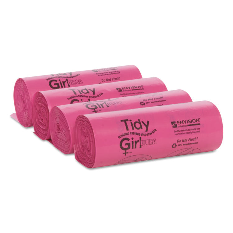 Tidy Girl™ Feminine Hygiene Sanitary Disposal Bags, 4" x 10", Pink/Black, 150 Bags/Roll, 4 Rolls/Carton (STOTGUF) 4 Rolls of 150