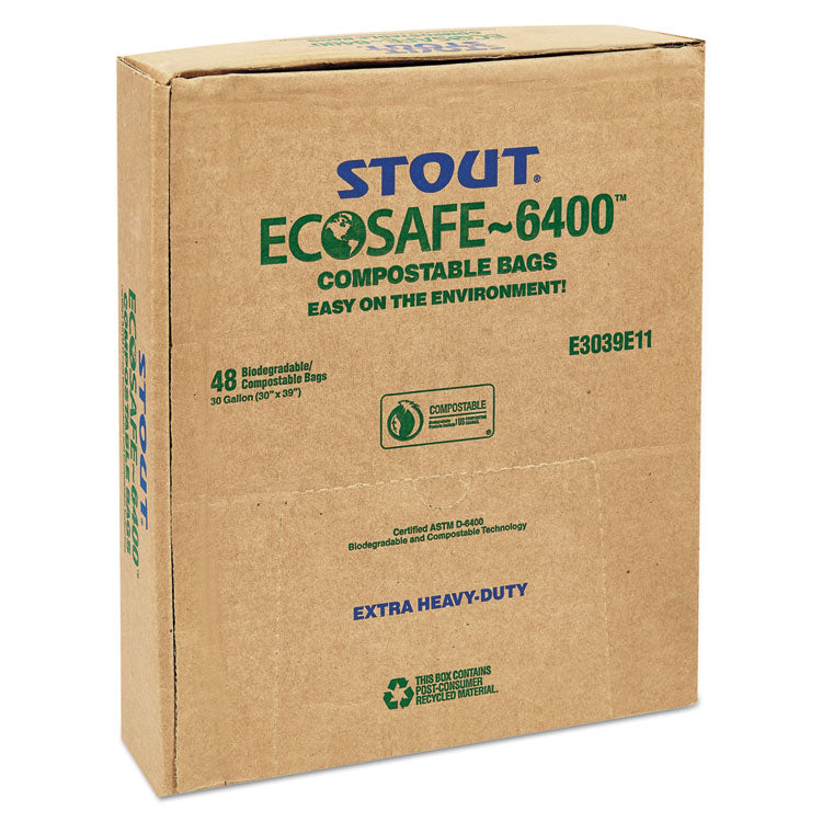Stout® by Envision™ EcoSafe-6400 Bags, 30 gal, 1.1 mil, 30" x 39", Green, 48/Box (STOE3039E11) Box of 48