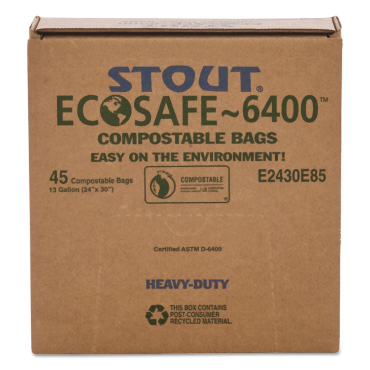 Stout® by Envision™ EcoSafe-6400 Bags, 13 gal, 0.85 mil, 24" x 30", Green, 45/Box (STOE2430E85) Case of 45