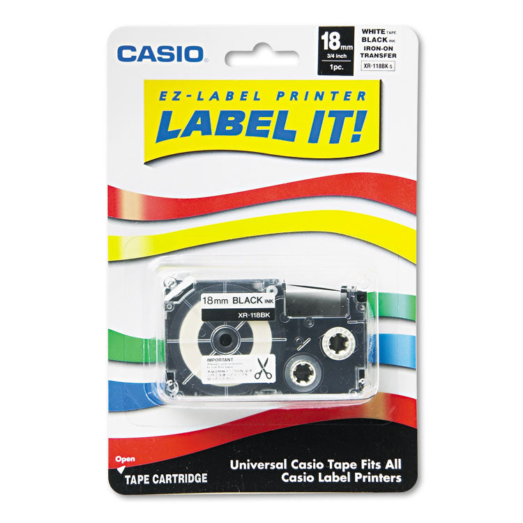 Casio® Label Printer Iron-On Transfer Tape, 0.75" x 26 ft, Black on White (CSOXR118BKS) Each