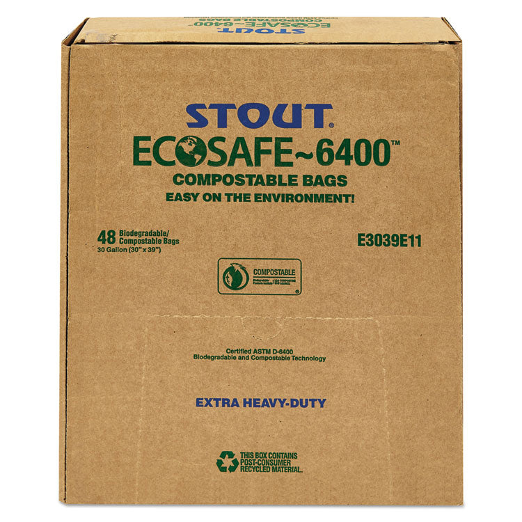 Stout® by Envision™ EcoSafe-6400 Bags, 30 gal, 1.1 mil, 30" x 39", Green, 48/Box (STOE3039E11) Box of 48