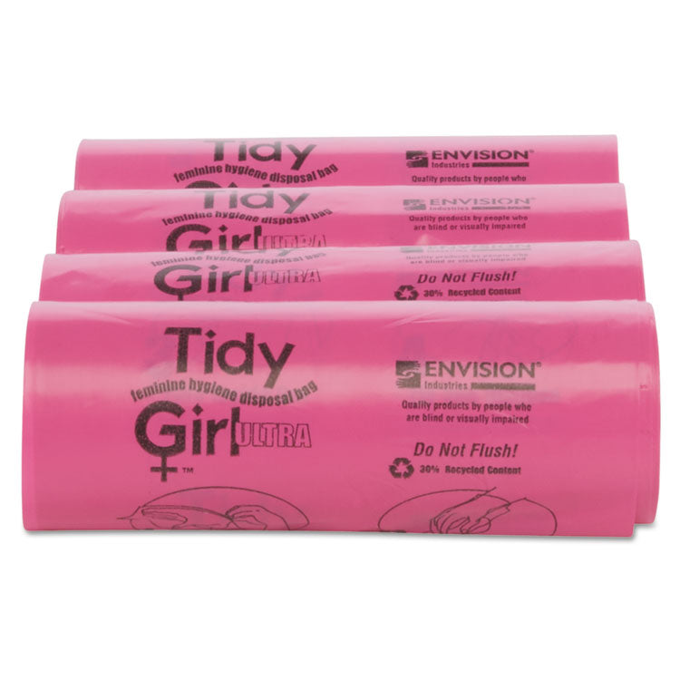 Tidy Girl™ Feminine Hygiene Sanitary Disposal Bags, 4" x 10", Pink/Black, 150 Bags/Roll, 4 Rolls/Carton (STOTGUF) 4 Rolls of 150